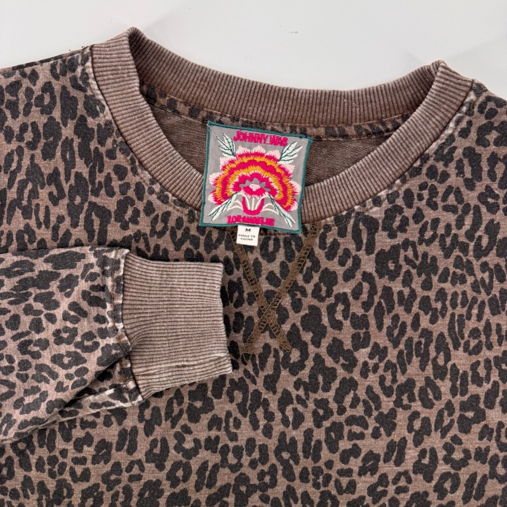 Johnny Was Sweatshirt Womens M Brown Leopard Print Side Slit Crew Neck Pullover